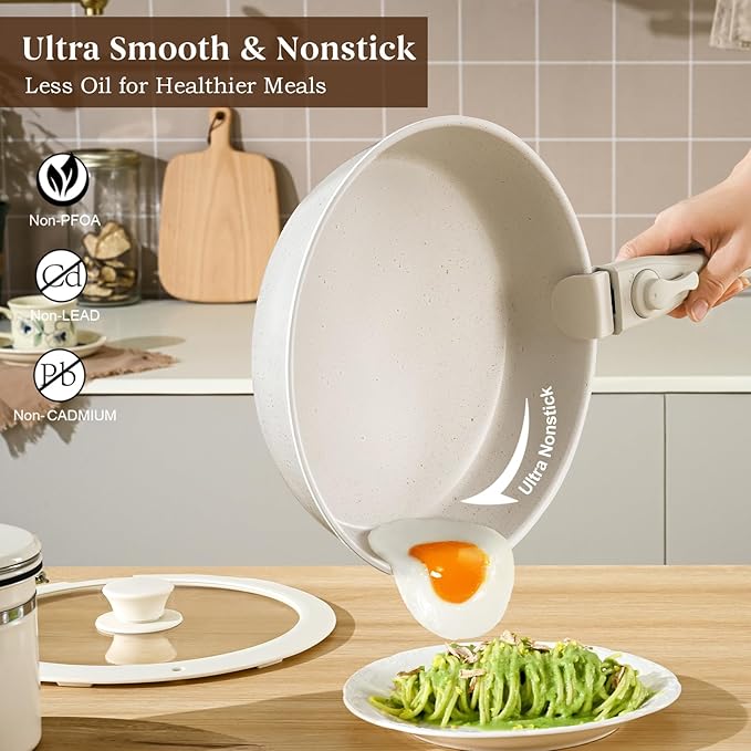 20 Pcs Pots and Pans Set Non Stick, Ceramic Cookware Set Detachable Handle, RV Kitchen Cooking Set Removeable Handles, Oven Safe, Induction Ready, Stackable Non-stick, Cream White