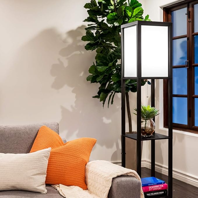 Brightech Maxwell - Modern Shelf Floor Lamp with Shade and LED Bulb Corner Display Lamps Shelves for Living Room, Bedroom Office Black