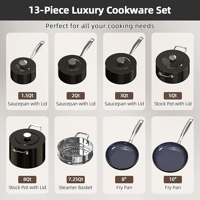 Nuwave Lux 13pc Forged Lightweight Cookware Set PFAS Free, Healthy G10 Duralon Ceramic Coating, Ultra Non-Stick, Stay-Cool Handles, Works on All Cooktops & Induction Ready