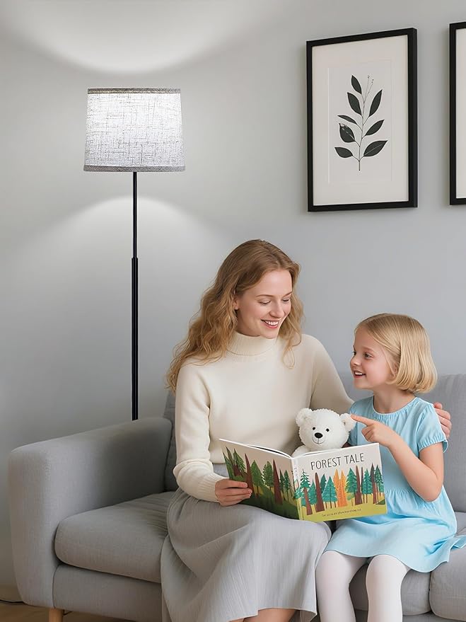 60" Modern Floor Lamp for Living Room Bedroom, Standing Lamp with Oatmeal Linen Lampshade, Tall Lamp with A19 9W 3 Color Temperature Bulb, Foot Switch Control, Black