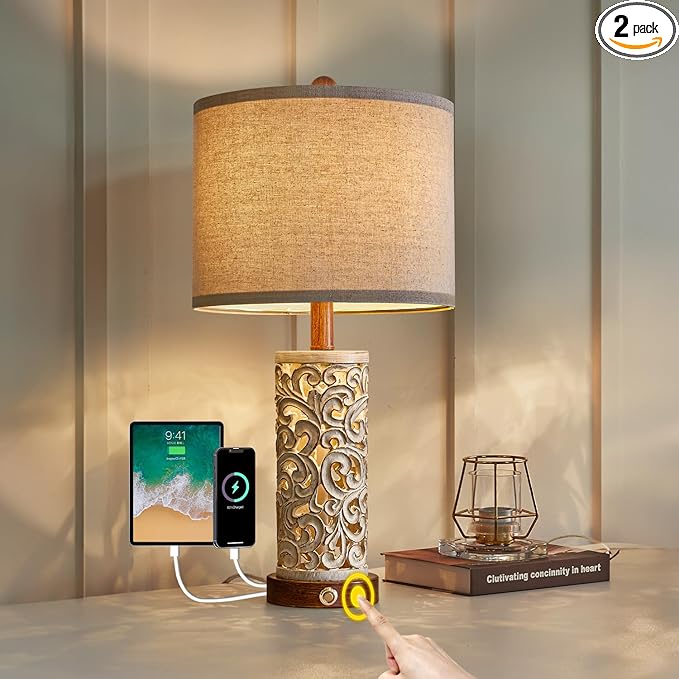 OYEARS 3-Way Dimmable 22'' USB A+C Touch Control Table Lamp with Nightlight for Living Room Bedroom Farmhouse Bedside Nightstand Lamps (Brown Bulb Included