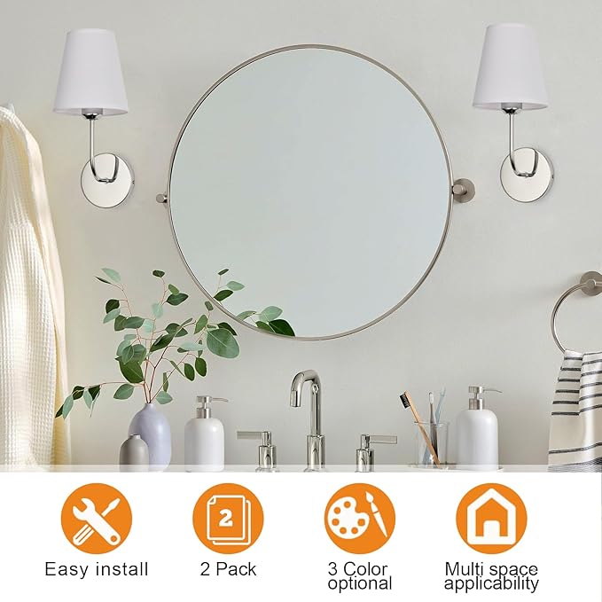 Modern Hardwired Wall Sconces, Set of 2 in Chrome or Polished Nickel with White Fabric Shades,Farmhouse Light, Living Room, Hallway, Bathroom, Vanity, or Staircase. Sleek, Versatile Lighting