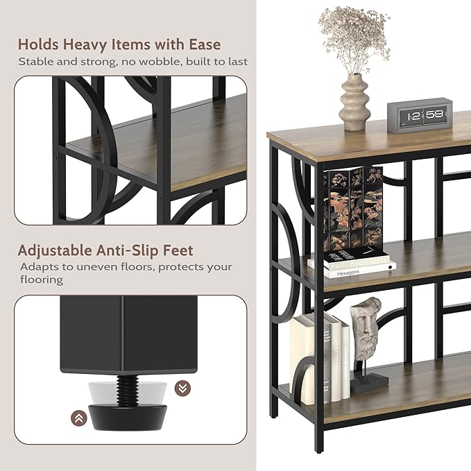 55'' Industrial Sofa Table, 3-Tier Storage Console Table with Unique Geometric Design, Behind Couch Accent Table for Entryway, Living Room, Foyer, Hallway, Office - Rustic Brown