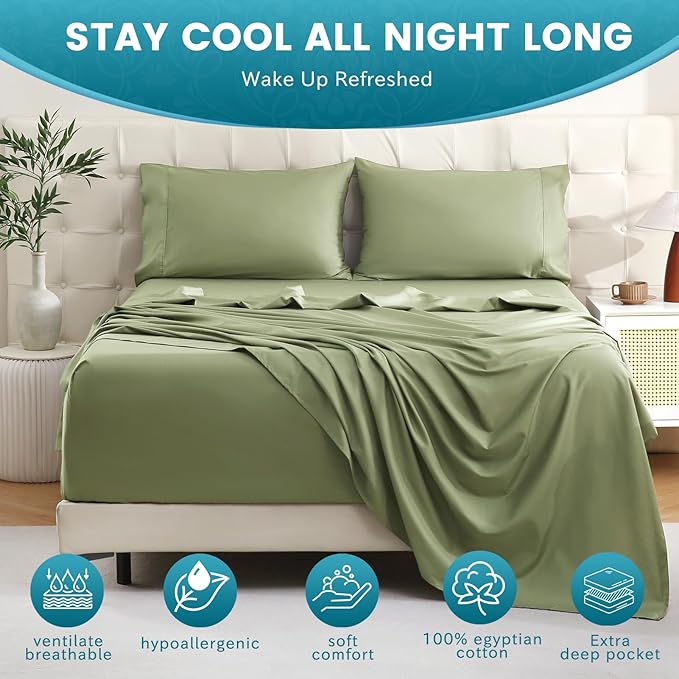 Bedlifes King Sheet Set, Extra Deep Pocket 18-24 Inches,1000Thread Count 100% Egyptian Cotton, Soft and Breathable Sateen 4-Piece,Olive Green