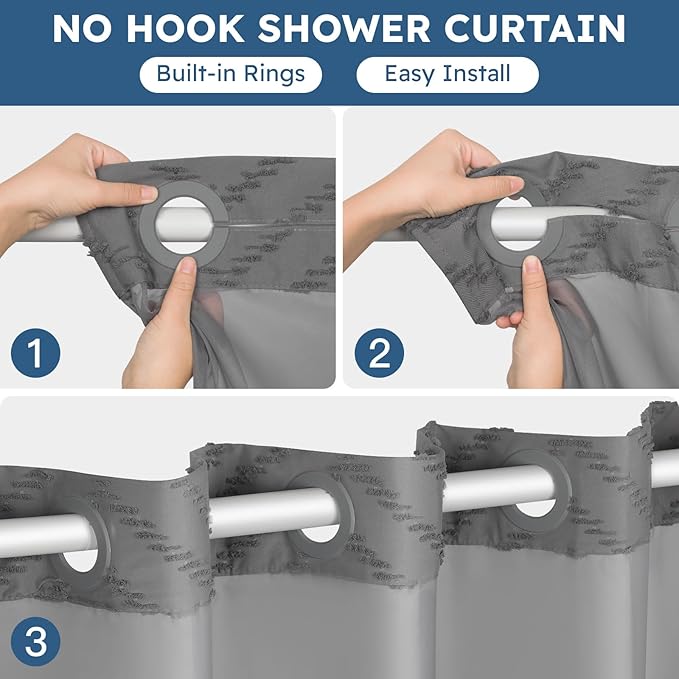 No Hook Shower Curtain and Snap in Liner Set Grey Tufted Chevron Striped Cloth Waterproof Washable Fabric Boho Gray Bath Curtain with See Through Mesh Top Window for Bathroom Hotel 71" x 86"