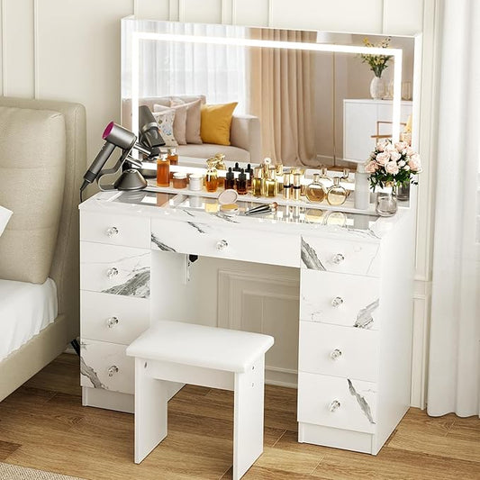 VOWNER Vanity with Lighted Mirror - Glass Top Makeup Desk with Power Outlet and 9 Drawers, 3 Color Lighting Modes Adjustable Brightness, 43" Vanity Desk with Soft Cushioned Stool for Bedroom, Marble