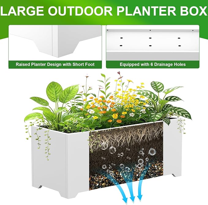 Metal Large Rectangular Planter 32" L x 15" W x 15" H,- Long Planter Box with 6 Drainage Holes & Raised Bottom, White Planter Boxes Outdoor Modern Design for Patio, Garden, Porch
