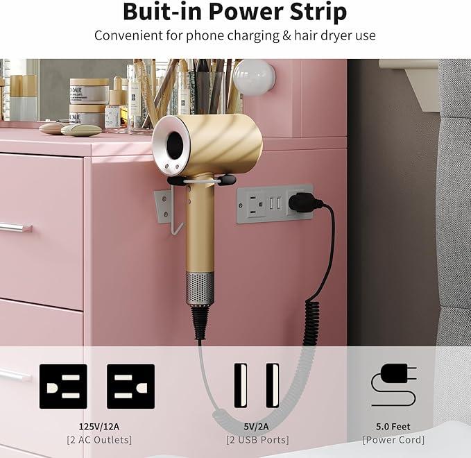 37" W Vanity Desk with Power Outlet, Makeup Vanity with Mirror and Lights, 3 Lighting Modes, Vanity Table with Chair for Bedroom, Dressing Room Studio, Pink