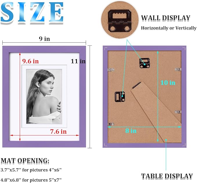 Egofine 8x10 Picture Frame Made of Solid Wood Covered by Plexiglass, Display Pictures 4x6/5x7 with Mat or 8x10 Without Mat for Table Top Display and Wall Mounting Photo Frame, Purple
