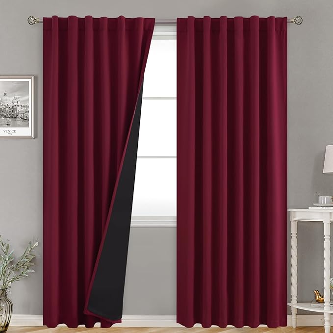 BGment Burgundy Red 100% Blackout Curtains for Bedroom, 78 Inch Black Out Living Room Panels with Thermal Liner, Rod Pocket and Back Tab Double Layer Room Darkening Drapes, 2 Panels, 52 x 78 Inch