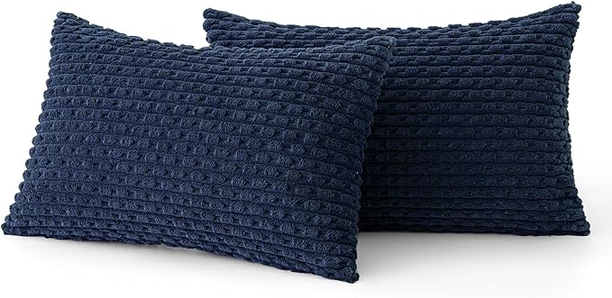 MIULEE Throw Pillow Covers Soft Corduroy Decorative Set of 2 Boho Striped Pillow Covers Pillowcases Farmhouse Home Decor for Couch Bed Sofa Living Room 18x18 Inch Navy Blue