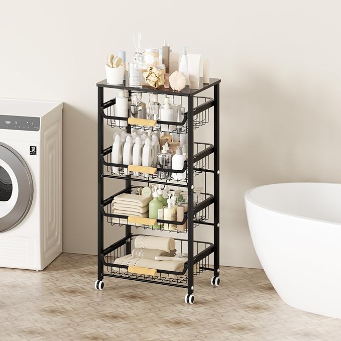 5-Tier Fruit Basket,Desktop Storage Organizer,Pull-Out Kitchen Storage Rack,Multi-Functional Storage Trolley for Office, Living Room, Kitchen, Movable Storage Organizer with Wheels,Black