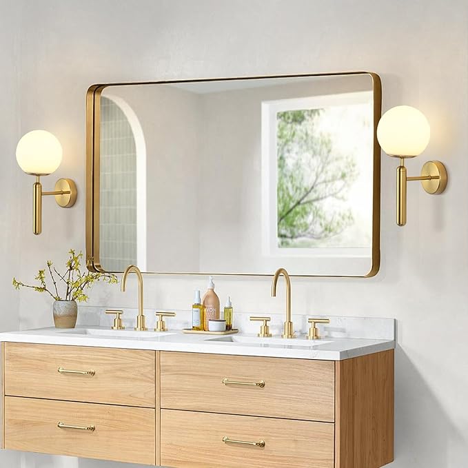 KCO Lighting Milk Glass Globe Wall Sconce Mid Century Brushed Brass Wall Sconces Modern Gold Wall Light Vintage Bathroom Vanity Light Fixtures for Bedroom Hallway