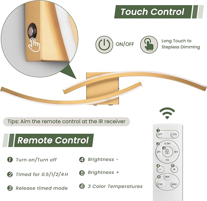 Battery Operated Wall Sconce Set of 2,Gold Wall Sconces with Remote Control,3000K-6000K Modern LED Wireless Wall Light for Living Room, Hallway, Bedroom, 39.3 Inch (2 Pack)