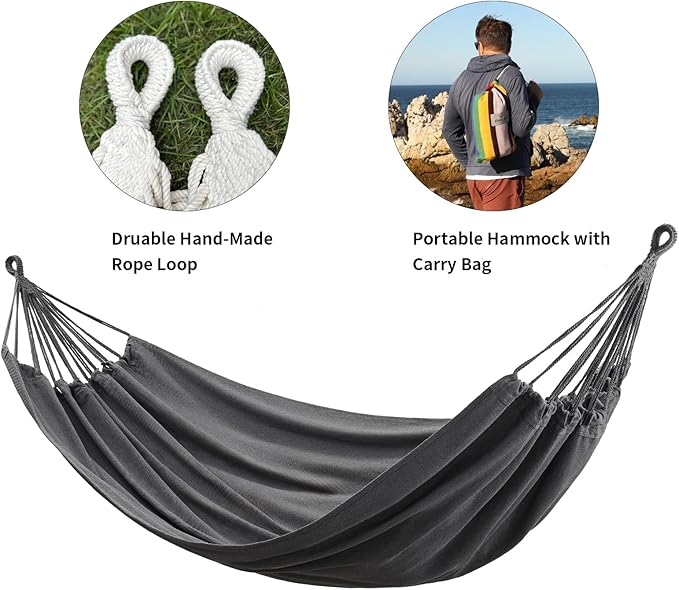 Brazilian Double Hammock with Tree Straps,Extra Large 94x63IN,2 Persons Hammock for Backyard Patio Outdoor and Indoor,450lbs Weight Capacity,Soft Woven Cotton Fabric - Dark Grey