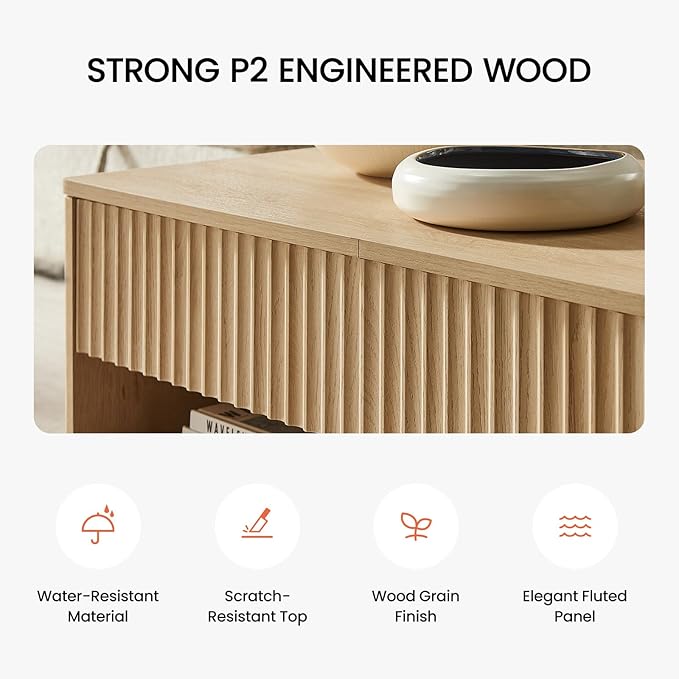 Amada Coffee Table Fluted Lift Top, 35.2" Wood Table with Storage Shelf & Hidden Compartment, Modern Rectangle Center Table for Living Room, Sturdy & Multi-Functional, Holds Up to 220LBS, Natural Oak