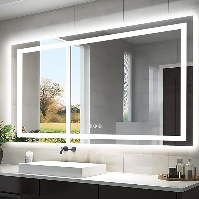 55"x30" LED Bathroom Mirrors for Wall, Front and Backlit Mirror, Anti-Fog Vanity Mirror with Lights, Stepless Dimmable Lighted Mirror, 3 Colors Smart Mirror (Horizontal/Vertical)