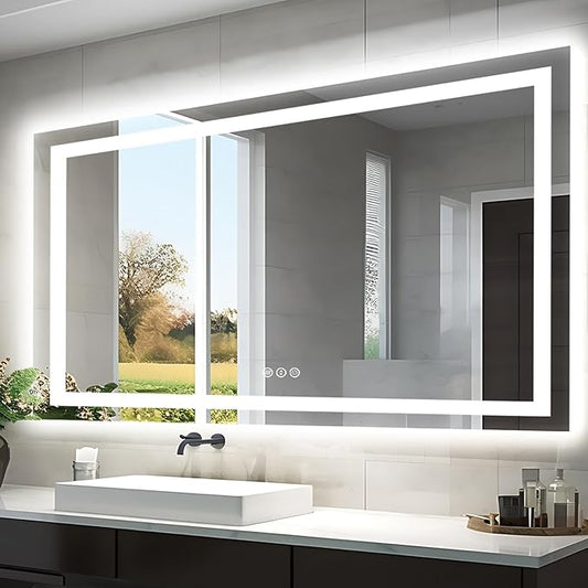 55"x30" LED Bathroom Mirrors for Wall, Front and Backlit Mirror, Anti-Fog Vanity Mirror with Lights, Stepless Dimmable Lighted Mirror, 3 Colors Smart Mirror (Horizontal/Vertical)