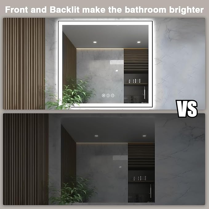 36x36 Square LED Bathroom Mirror - Black Aluminum Framed (Front and Backlit), Anti-Fog Vanity Mirror with Lights, Stepless Dimmable Lighted Mirror,3 Colors Smart Mirror(Horizontal/Vertical)