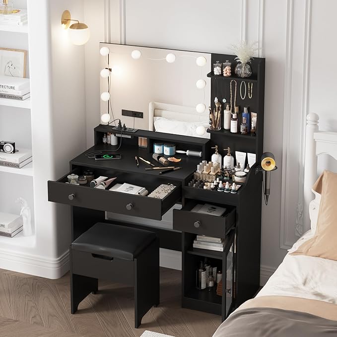 Vabches Vanity with Mirror and Lights,Makeup Vanity Table with Charging Station,Dressing Table with Stool & 3 Storage Compartments,3 Color Modes Available for Bedroom,Black