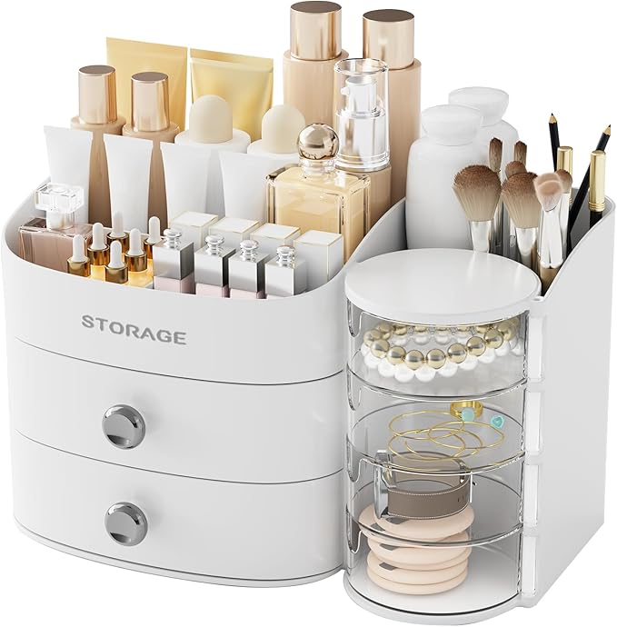 Makeup Organizer Countertop with Drawers, Make up Organizers for Vanity, Skincare Jewelry Earring Organizers, Cosmetic Display Cases Makeup Storage for Bedroom & Bathroom, Ideal Gifts for Women(White)