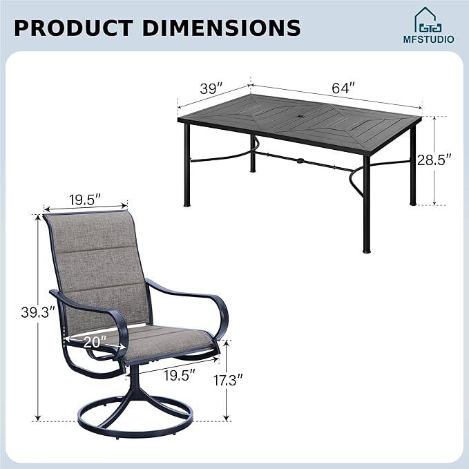 MFSTUDIO Outdoor Dining Set for 6, Patio Dining Set with Metal Table and Swivel Chairs, 7 Piece Patio Table and Chairs Set for Deck Backyard Poolside Garden