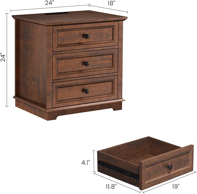 3 Drawer Dresser, Chest of Drawers with Charging Station, 24” Wide End Table with 3 Drawers, Modern Bedside Table with Storage, Wooden Small Dresser. (Cherry)