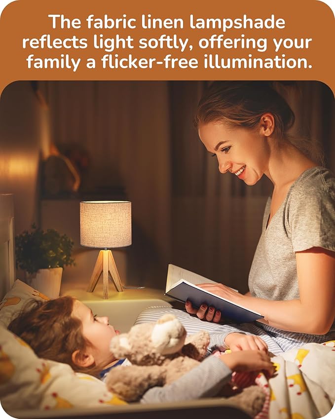 EDISHINE Small Table Lamp, Boho Bedside Lamp with Linen Fabric Shade, Wood Tripod Nightstand Lamp for Nursery, Living Room, Bedroom, Narrow End Table, UL Listed, 14.2 Inch, ON/Off Switch