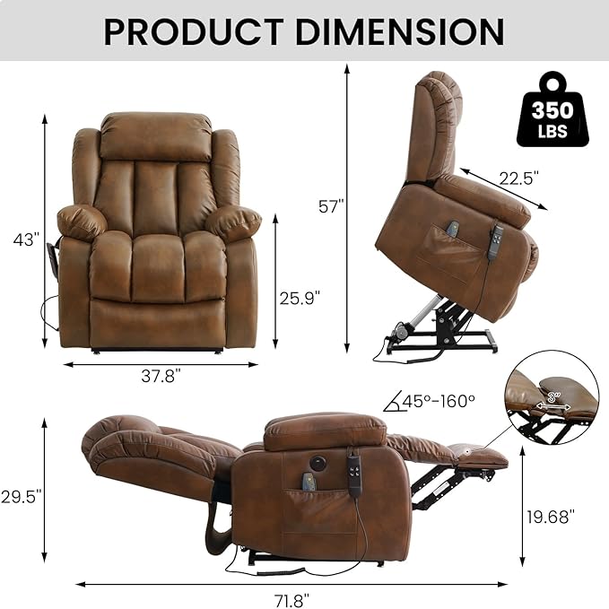 TEKAMON Power Lift Recliner Chair for Elderly, Dual Motor Genuine Leather Recliner with Heat & Massage, Lay Flat Sleeping Chairs with Infinite Position, Remote Control & USB Ports