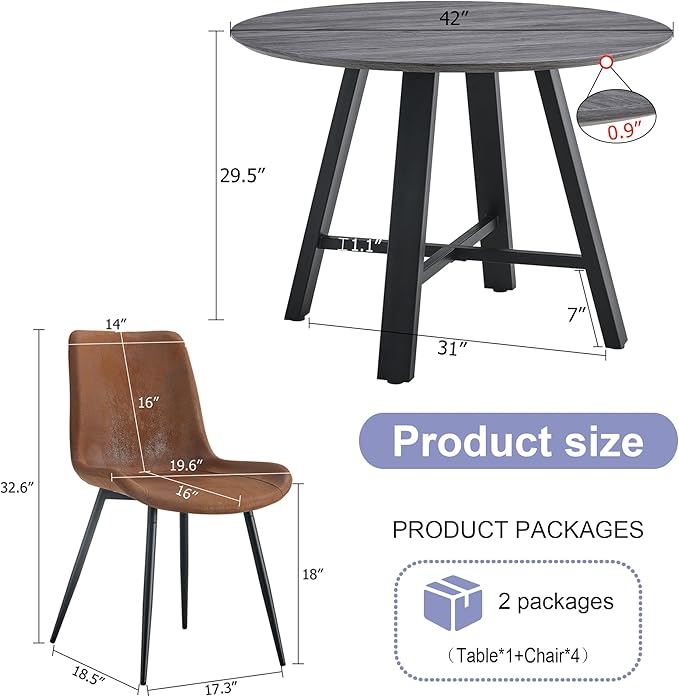 Modern Round Dining Table & Chairs Set for 4, 42" Wood Table with Upholstered PU Leather Chairs for Small Spaces