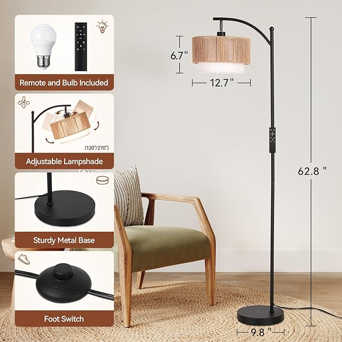 SUNMORY Floor Lamps for Living Room with 12W Remote and Dimmable Bulb, LED Arc Lamp, Farmhouse Floor Lamps with Adjustable Rattan & Fabric Shades, Boho Standing Lamp for Bedroom, Corner, Home Decor