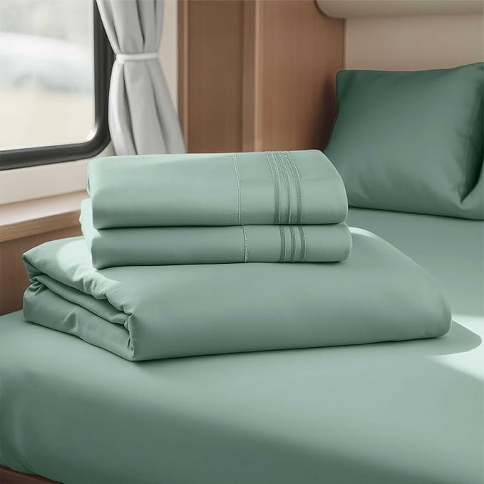 Clara Clark Bed Sheets, Premier 1800 Series 4 Piece RV Queen Sheet Set, Luxury Soft Sheets for RV Bunks, Short Queen - Ice Green