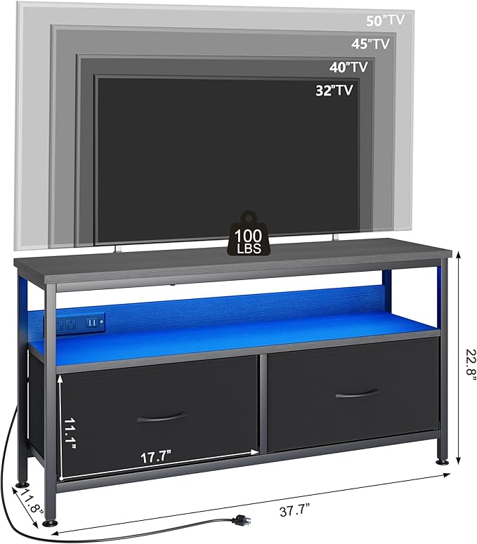 39" Dresser TV Stand for TVs up to 50", Media Console with LED Lights, Charging Station & 2 Drawer Storage Chest, Gaming Entertainment Center with Storage for Bedroom (Black, 39 in)