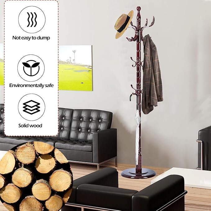Coat Racks Free Standing with 14 Hooks, Natural Wood Coat Stands for Entryway, Adjustable Height 72 in Tree Coat Rack Stand for Hallway Home Office Bedroom (Mahogany Phoenix)