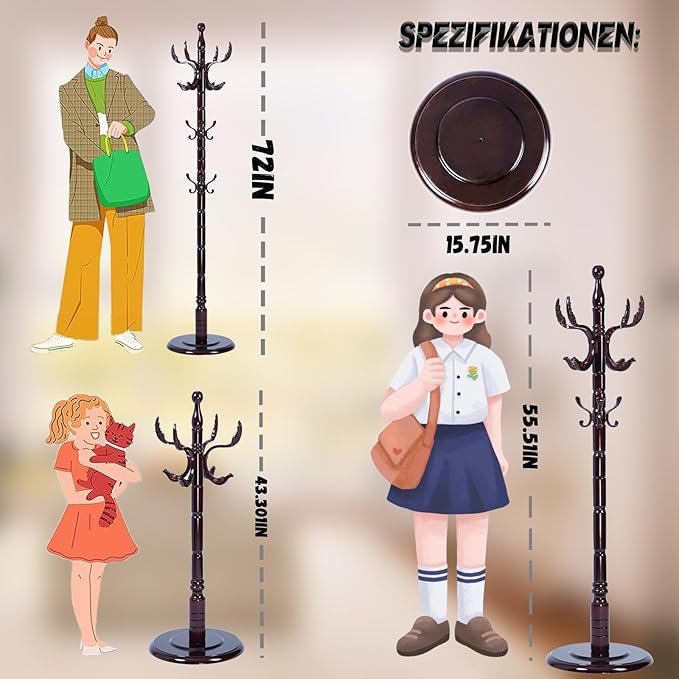 72 in Wood Coat Rack, Coat Rack Freestanding with Stable Round Base, Adjustable Height Tree Coat Racks Stand for Home Bedroom Office Hallway Entryway (Solid Wood Fenghuang Gou)