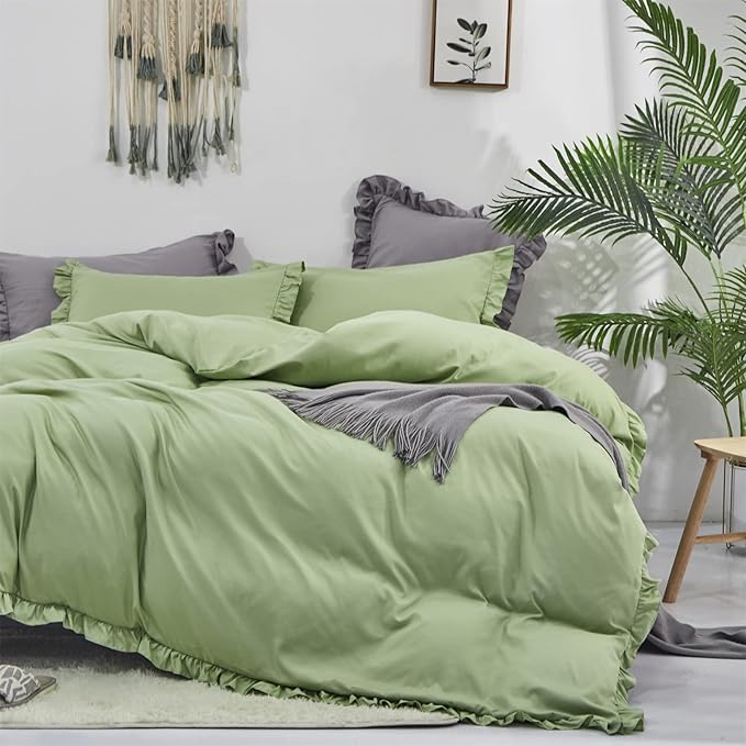Luxlovery Sage Green Ruffle Comforter Set Queen Light Green Farmhouse Bedding Comforter Set Full Shabby Chic Solid Blanket Quilts Soft Breathable Vintage Bedding Set
