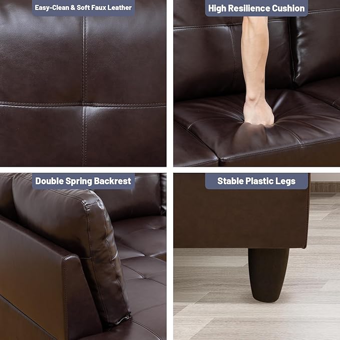 L-Shape 3-Piece Cloud Sofa, Couch for Living Room, Brown Faux Leather L-Shape with Reversible Chaise & Storage Ottoman, Ergonomic 110–115° Recline, Solid-Wood Frame