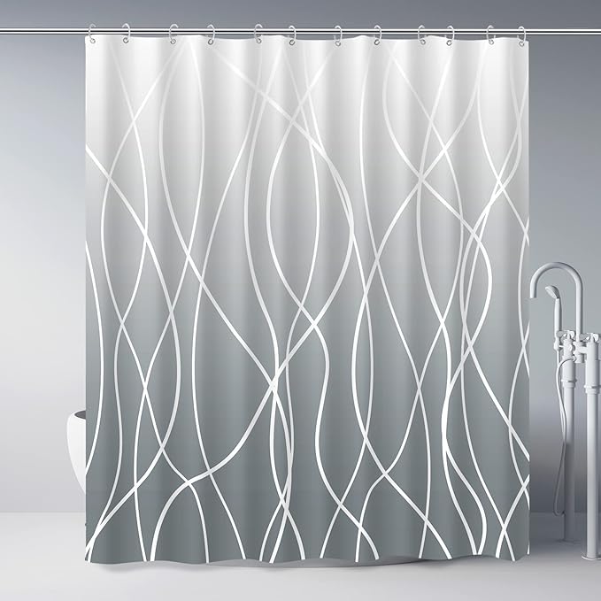 Punkray Ombre Grey Shower Curtain for Bathroom with Hooks, White Shower Curtain Set, Stripe Bath Curtains Decorative Shower Curtains Water Repellent Washable, 72 x 72