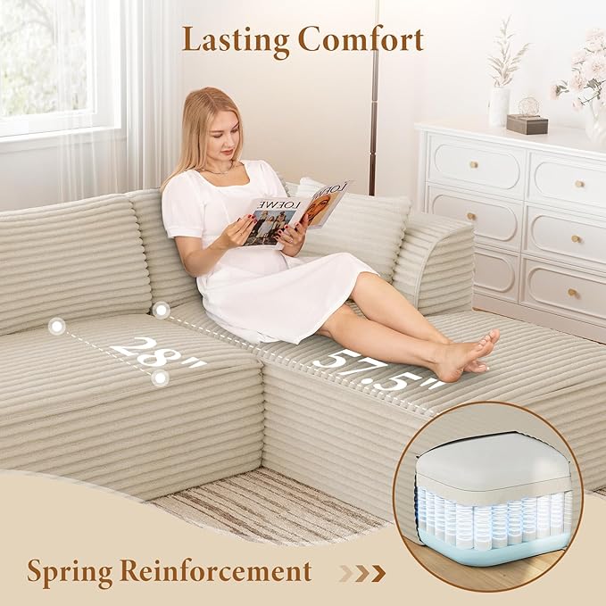 Vesgantti 106" Modular Sectional Sofa with Chaise, Deep Seat Comfy Cloud Couch Corduroy L Shaped Sofa Sectional Couches for Living Room Bedroom, No Assembly Required (Camel, Right-Facing Chaise)