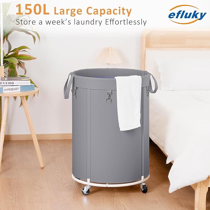 efluky 150L Laundry Basket with Wheels, Large Rolling Laundry Hampers with Handles for Bathroom, Bedroom & Laundry Room, Grey
