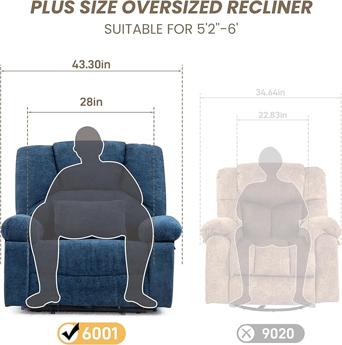 Oversized Power Recliner Chair 350lb with Hidable Cup Holders, Extra Wide Large Big Electric Recliner Chair with Lumbar Support Pillow Nursery Chair Living Room (Power, BLUE-6001)