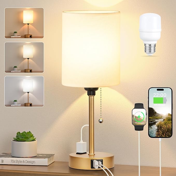Dicoool Small Bedside Lamps 3 Color Modes - 2700K 3500K 5000K Bedroom Lamps with USB C and A Ports, Pull Chain Gold Table Lamps with AC Outlet, Nightstand Lamps with Gold Metal Base for Kids Reading