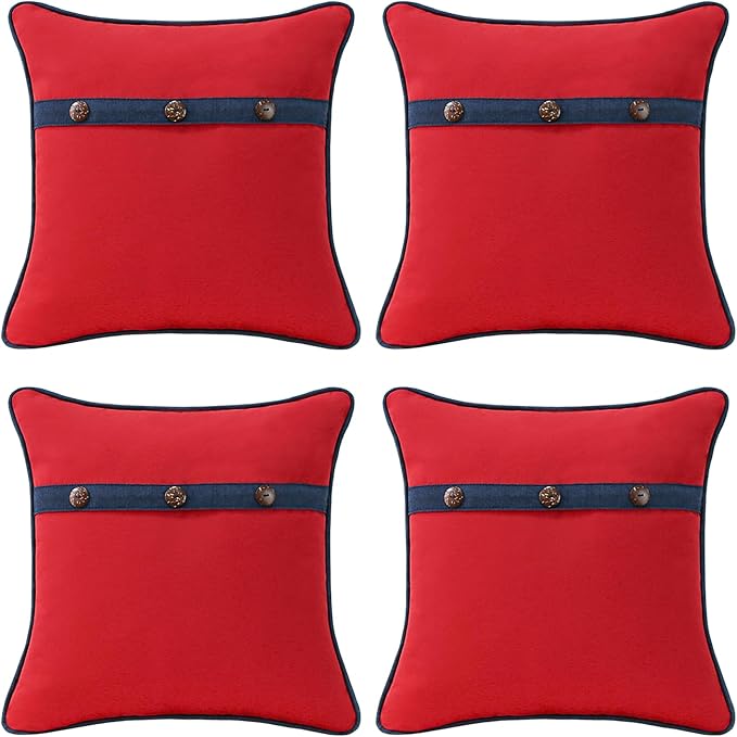 Outdoor Sunbrella Decorative Pillows with Triple Coconut Buttons Pack of 4, 16" x 16" Outdoor Pillow Set for Couch Bed Throw Patio Sofa, Canvas Logo Red/Specrtum Indigo