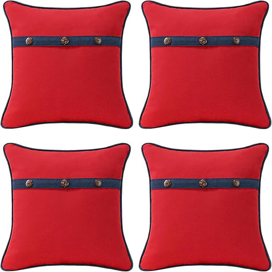 Outdoor Sunbrella Decorative Pillows with Triple Coconut Buttons Pack of 4, 16" x 16" Outdoor Pillow Set for Couch Bed Throw Patio Sofa, Canvas Logo Red/Specrtum Indigo