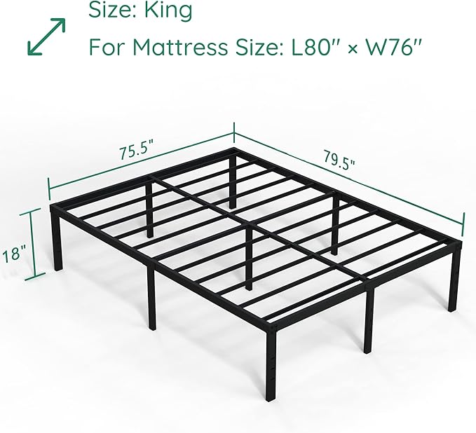 18 Inch King Bed Frame Heavy Duty Metal Platform No Box Spring Needed, Maximum Storage, Easy Assembly, Noise Free, Black