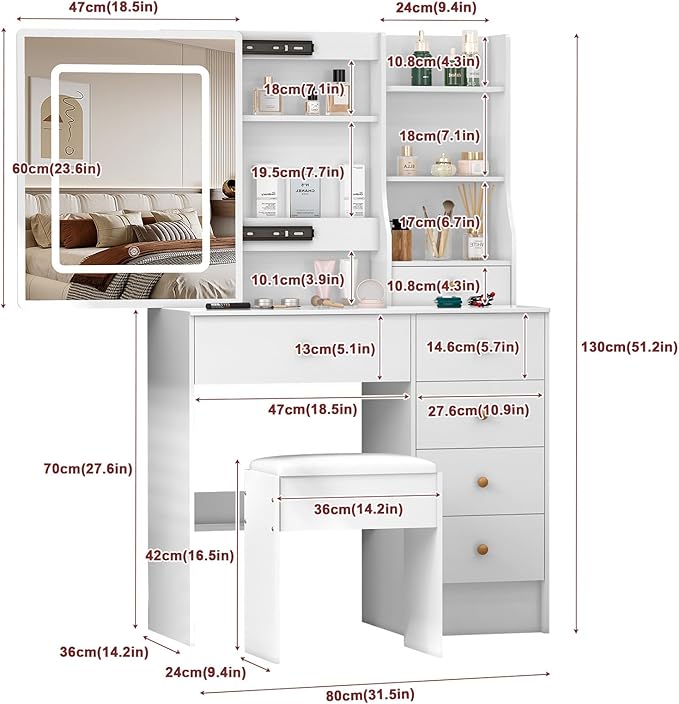 JBLCC Makeup Vanity Desk with Lighted LED Mirror, White Vanity Table with 6 Drawers & Storage Shelves, Modern Dressing Table for Bedroom, Small Vanity Set with Lights