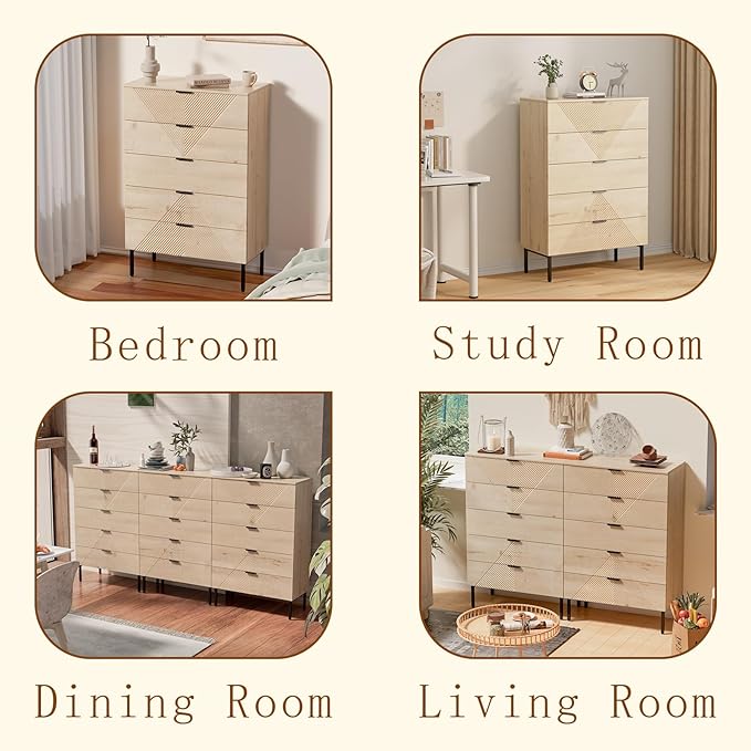 5 Drawer Dresser for Bedroom, Fluted Tall Dresser for Closet, Wooden Chest of Drawers for Living Room, Hallway