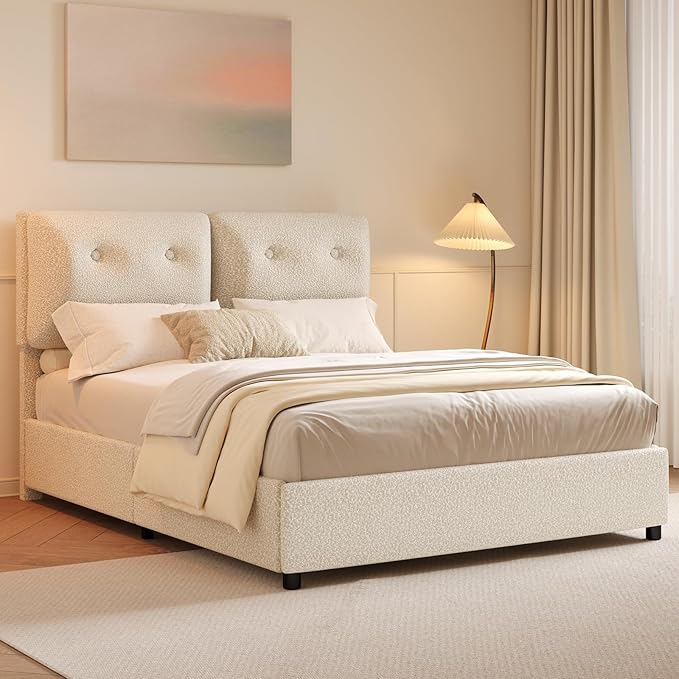 Full Bed Frames,Breathable Boucle Fabric Upholstered Bed Frame with Headboard,Removable and Washable,Wood Slat Support,No Box Spring Needed,Easy Assembly,Beige