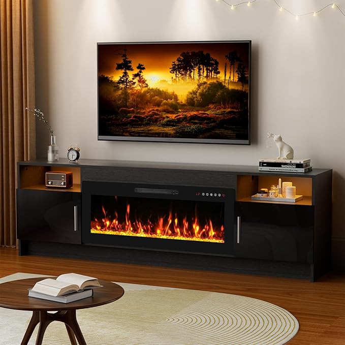 70'' TV Stand with Fireplace-Black Entertainment Center for 75+ inch TV- TV Cabinet with LED Light, Storage, High Glossy Door, Modern TV Console for Living Room