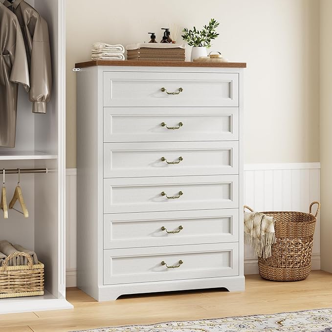 DICTAC Farmhouse 6 Drawers Dresser for Bedroom,51.2" Tall Rustic Wood Chest of Drawers,Large Storage Chest with Vintage Metal Handles, White Dresser for Bedroom,Closet,Hallway,White